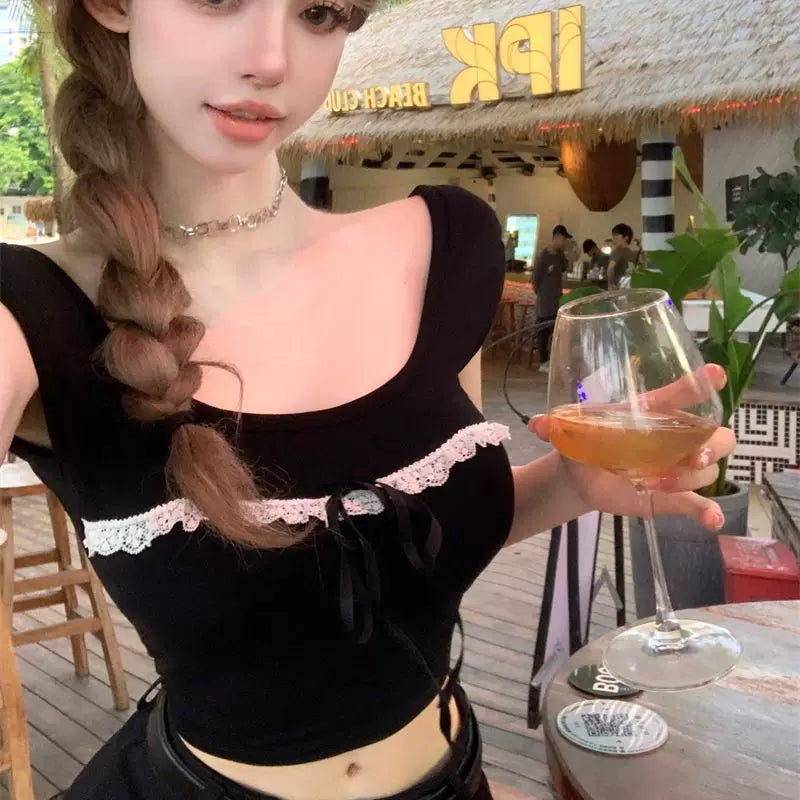 Foreign trade sexy bow lace lace U-neck short sleeved T-shirt for women summer black slim fit backless short top for spicy girls