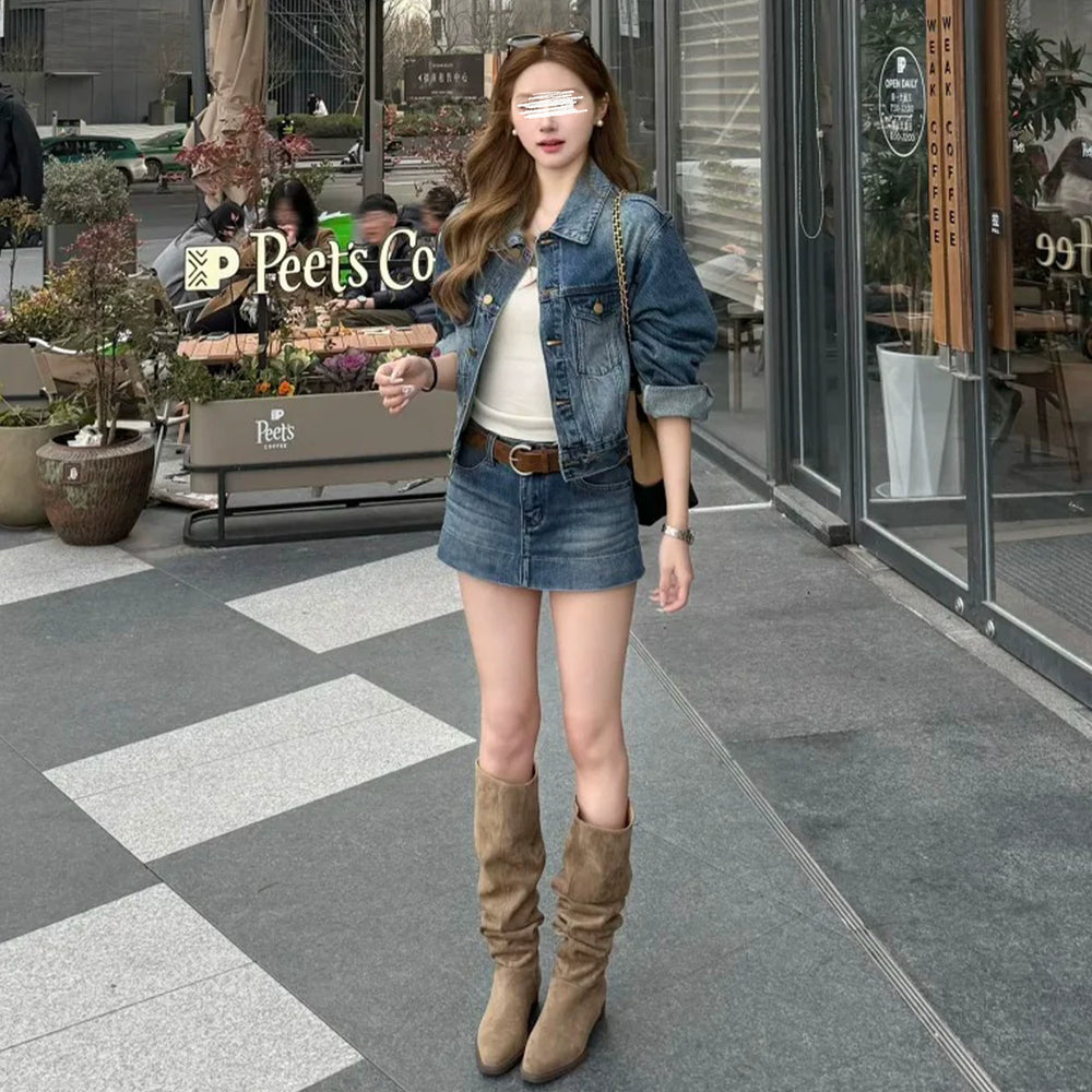 American retro blue denim skirt and pants for women, 2026 spring/summer new low rise slim fit and versatile spicy girl short skirt