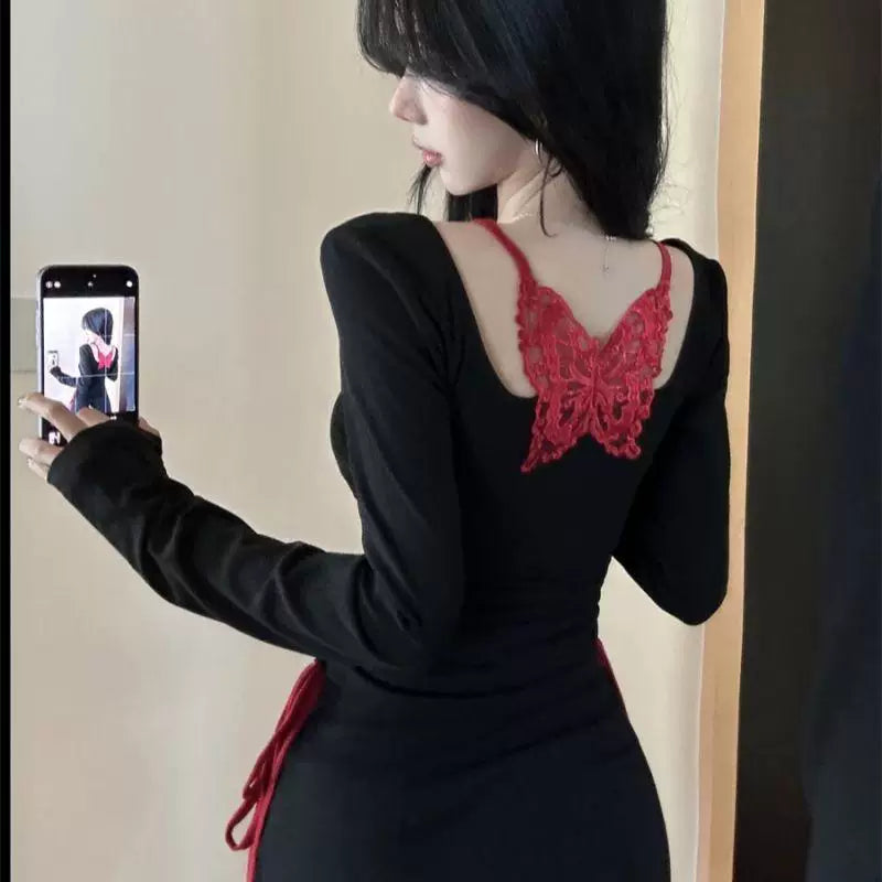 Foreign trade pure cotton square neck long sleeved T-shirt for women, pleated for spring and autumn, pure desire, spicy girl, backless butterfly top, lace base shirt