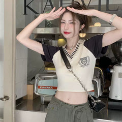 American style stunning spicy girl style contrasting color V-neck short sleeved T-shirt, women's pure cotton, student slim fit and slimming short top T-shirt