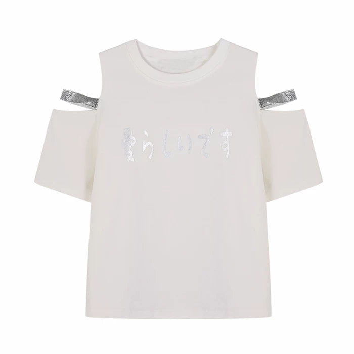 Foreign trade white short sleeved t-shirt women's summer outfit new Japanese off shoulder cute student loose design top ins trend
