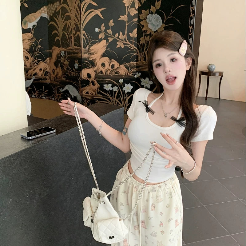Foreign trade pure desire style hanging neck, super cute and high-end feeling, handmade butterfly bow showing CUP cut men's T-shirt, short sleeved women's pure cotton top