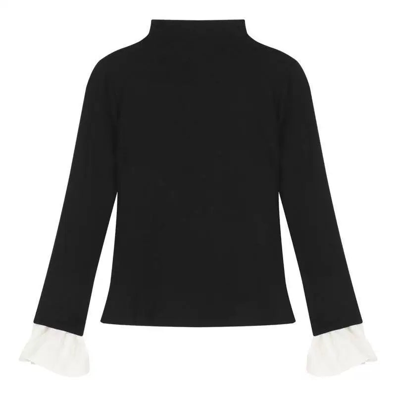 Foreign trade black velvet top with spliced flared sleeves for slim fit and slimming effect, paired with a semi high neck base shirt and women's long sleeved t-shirt