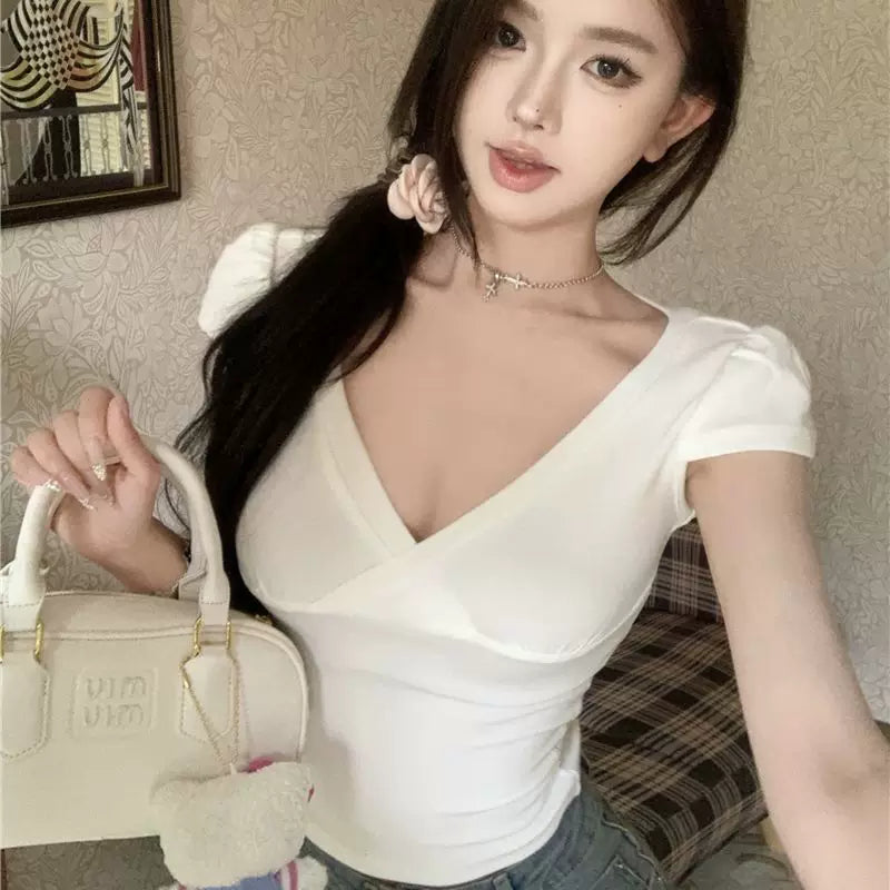 Pure desire style sexy cross deep V-neck short sleeved T-shirt for women in summer, black slim fit and slimming, pure cotton spicy girl short top