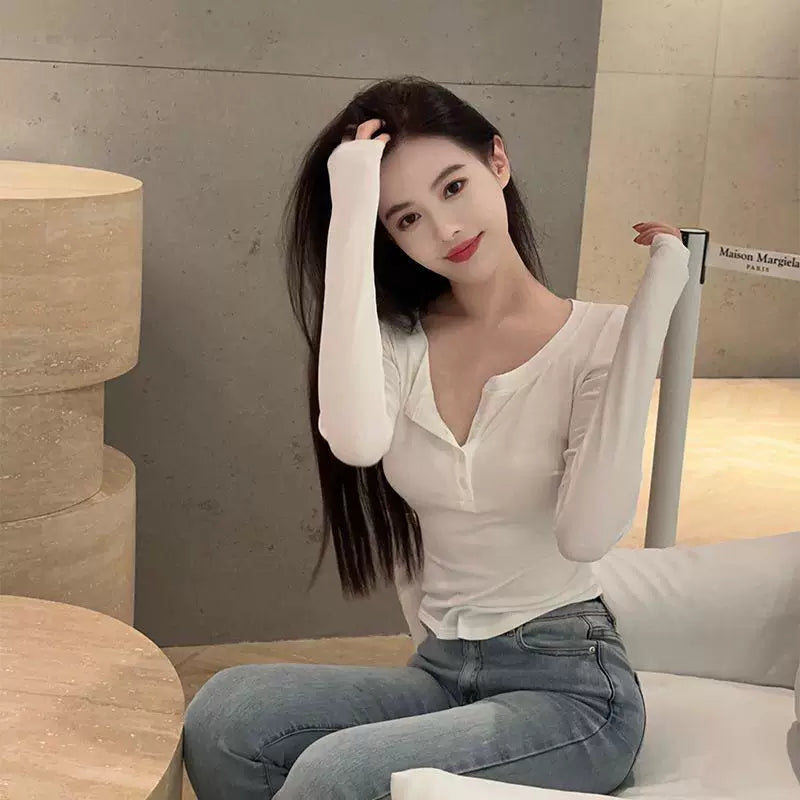 Foreign trade pure desire style sexy pure cotton long sleeved T-shirt for women in spring and autumn, slim fit and slimming for spicy girls, with a base layer and a trendy top