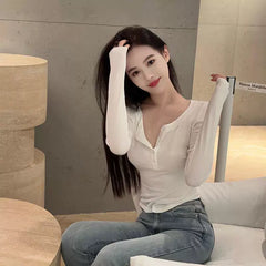 Foreign trade pure desire style sexy pure cotton long sleeved T-shirt for women in spring and autumn, slim fit and slimming for spicy girls, with a base layer and a trendy top