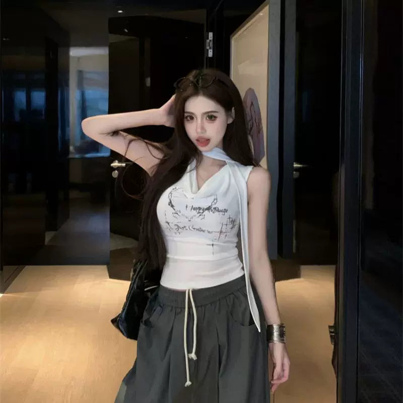 Foreign Trade Sweet and Spicy Style Swinging Collar with Letter Printed Tank Top for Women's Summer, Tailored and Slim Design, Hanging on the Neck, Trendy Clothes