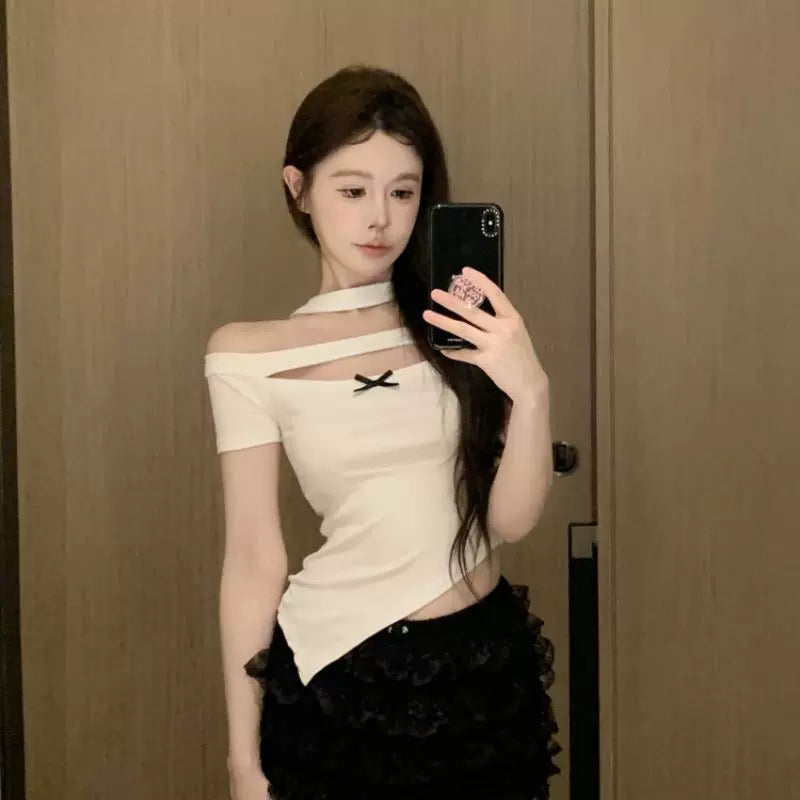 Foreign trade one shoulder hollow short sleeved T-shirt for women in summer, slim fit and slimming, butterfly bow design, pure desire spicy girl top