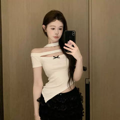 Foreign trade one shoulder hollow short sleeved T-shirt for women in summer, slim fit and slimming, butterfly bow design, pure desire spicy girl top