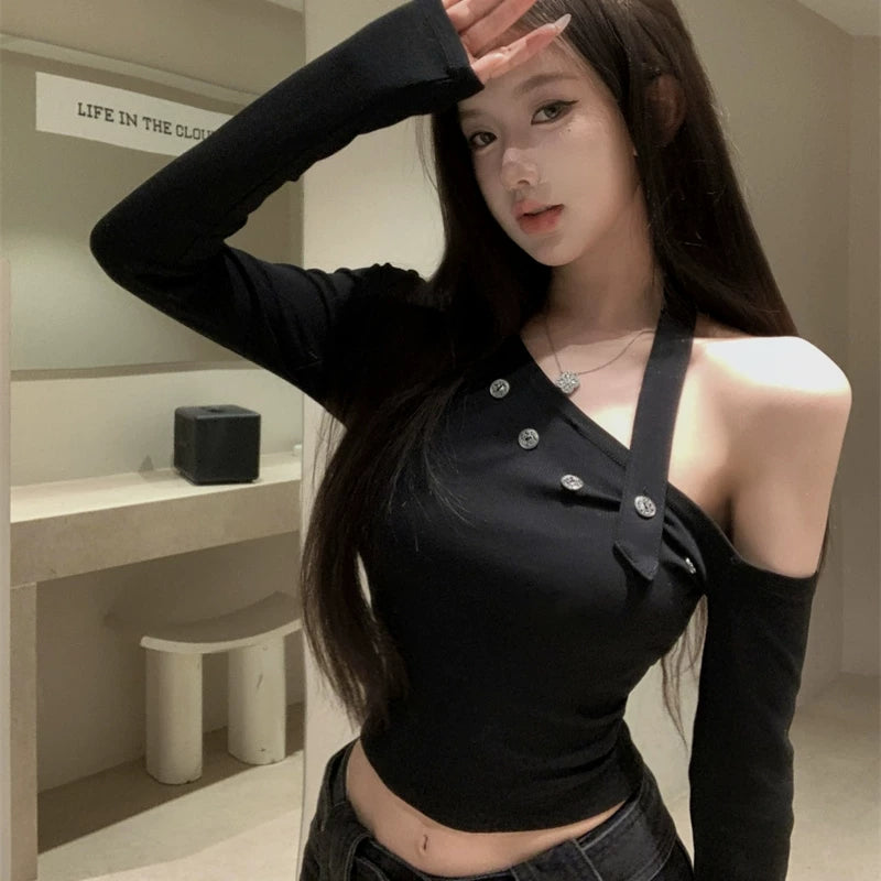 Foreign trade pure cotton pure desire style spicy girl off shoulder hanging neck base shirt, niche design, long sleeved chic unique T-shirt for women
