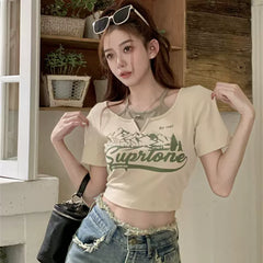 American retro fake two-piece design short sleeved T-shirt for women's summer sweet and spicy girl slim fit short style with exposed navel sexy upper garment