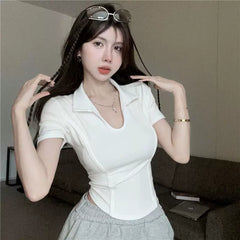 Pure desire style white U-neck short sleeved T-shirt for women, slim fit and waist cinching, spicy girl, slimming design sense, short style, elegant clothes