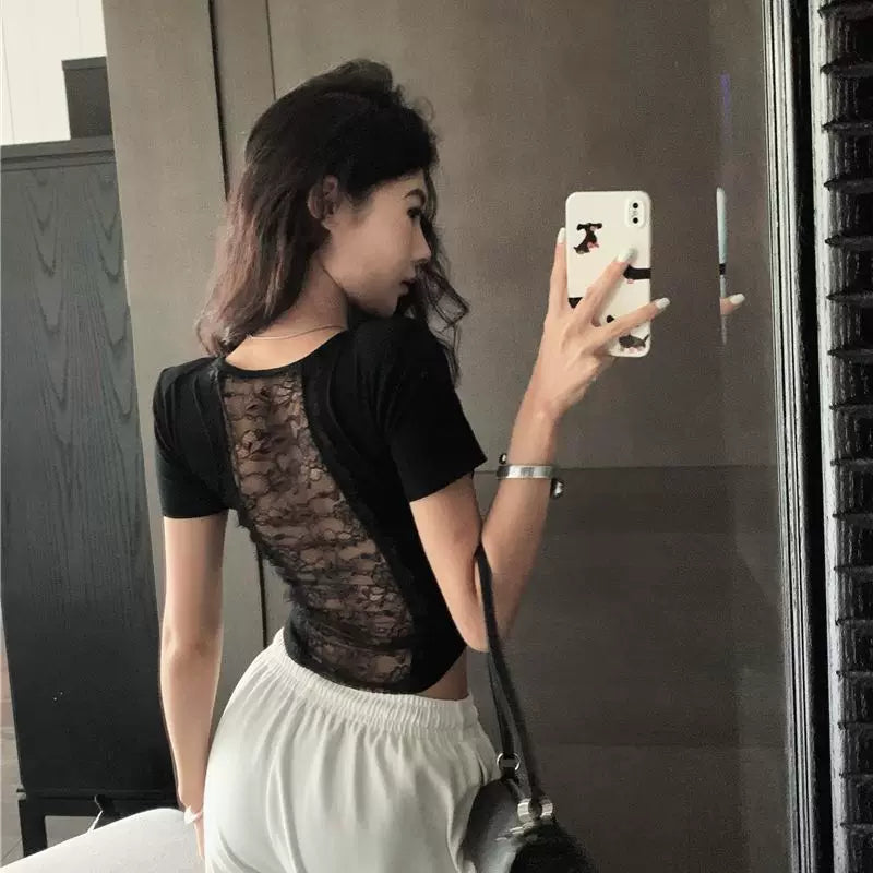 Foreign trade black backless lace short sleeved T-shirt for women in summer, slim fit and sexy design, spicy girl temperament, waist pinching top