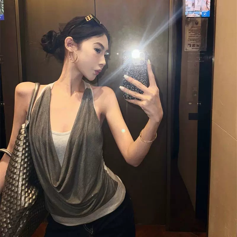 Foreign trade fake two collar camisoles women's summer sleeveless outerwear design pure desire style spicy girl gray top