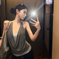 Foreign trade fake two collar camisoles women's summer sleeveless outerwear design pure desire style spicy girl gray top