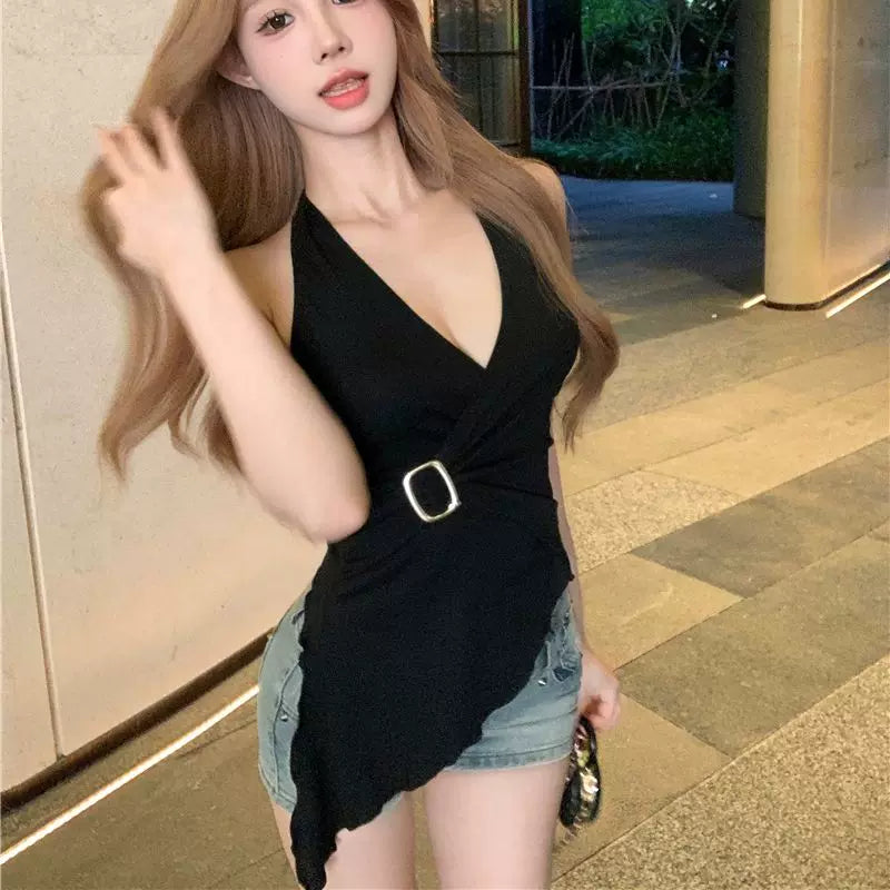 Foreign trade pure cotton waist slimming new style hanging neck tie pure desire wind V-neck sexy spicy girl t-shirt women's sleeveless top