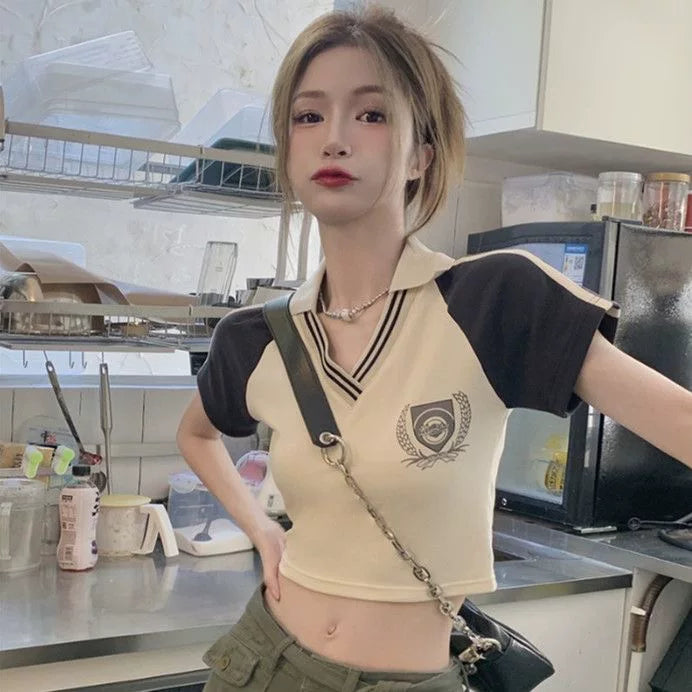American style foreign trade sweet and spicy girl style pure cotton short sleeved t-shirt for female students, new summer polo shirt slim fit short top