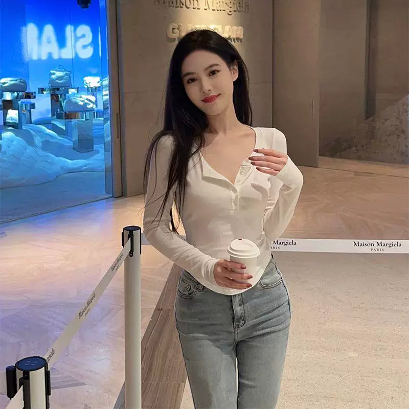 Foreign trade pure desire style sexy pure cotton long sleeved T-shirt for women in spring and autumn, slim fit and slimming for spicy girls, with a base layer and a trendy top