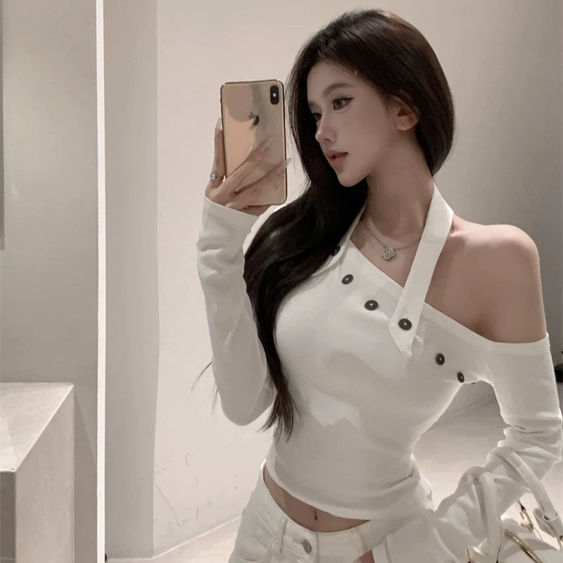 Foreign trade pure cotton pure desire style spicy girl off shoulder hanging neck base shirt, niche design, long sleeved chic unique T-shirt for women