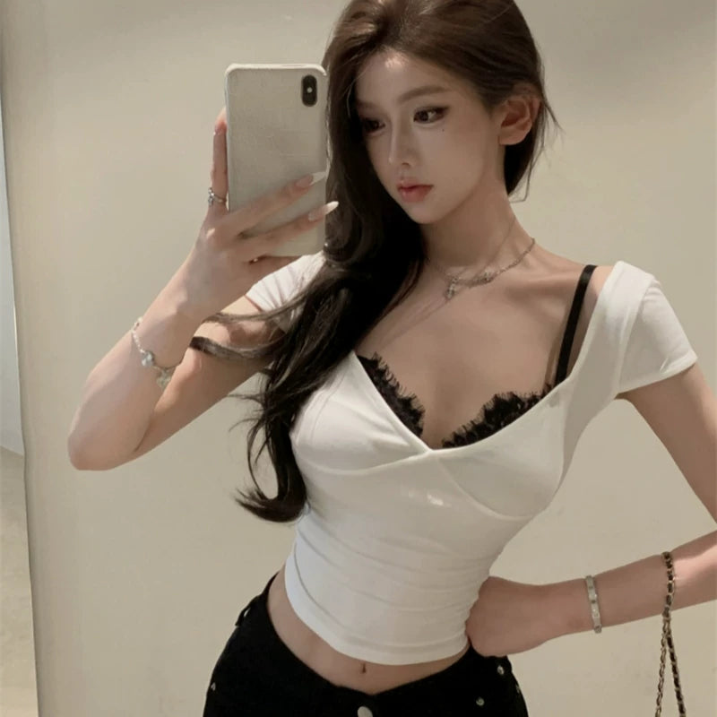 Foreign trade pure desire style short sleeved t-shirt women's summer pure cotton slim fit sexy lace design sense short V-neck fake two-piece top