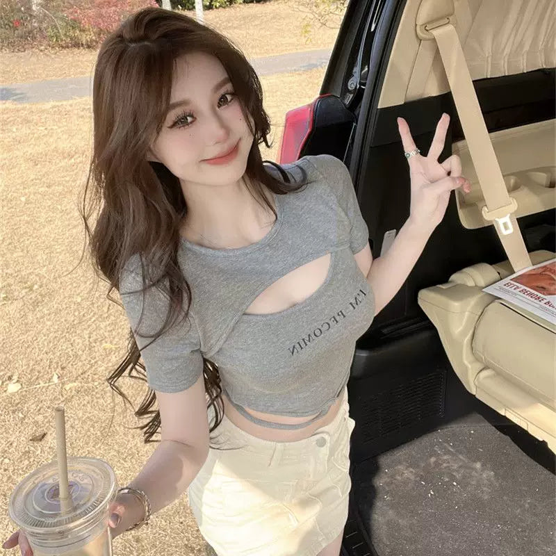 Spicy girl style hollow out strap T-shirt for women, short sleeved, American style slim fit, stunning chest design, niche short clothing