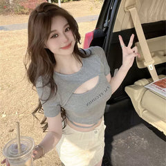 Spicy girl style hollow out strap T-shirt for women, short sleeved, American style slim fit, stunning chest design, niche short clothing