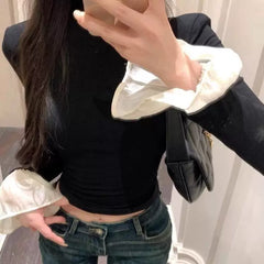 Foreign trade black velvet top with spliced flared sleeves for slim fit and slimming effect, paired with a semi high neck base shirt and women's long sleeved t-shirt
