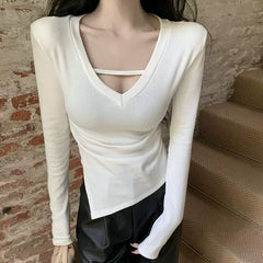 Foreign trade shoulder pad Korean version with a sense of new women's black spring and autumn V-neck elastic slimming top, spicy girl long sleeved T-shirt