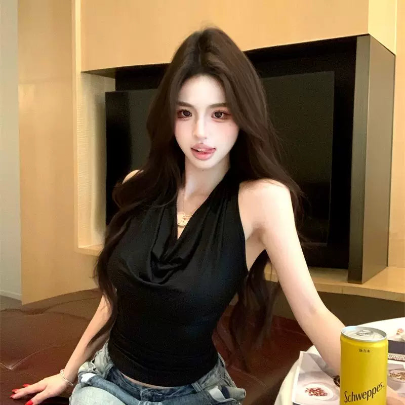 Spicy girl style V-neck halter top, women's lace patchwork backless slim fit, outerwear top, base T-shirt