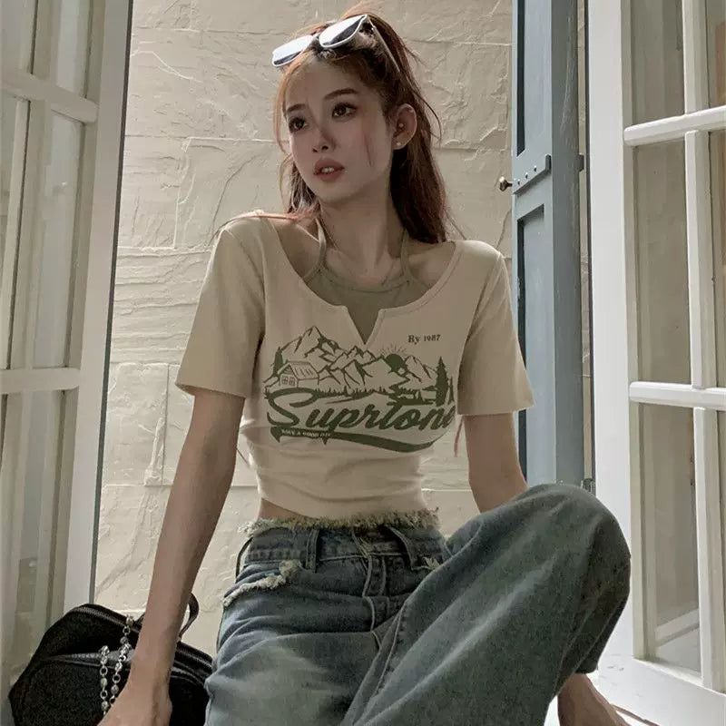 American retro fake two-piece design short sleeved T-shirt for women's summer sweet and spicy girl slim fit short style with exposed navel sexy upper garment