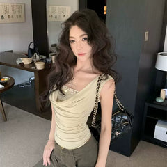 Foreign trade hot girl sexy swinging collar sleeveless fake two-piece vest for women in summer, slim fit and slimming, with an off shoulder t-shirt top