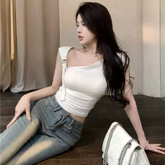 Foreign trade pure desire style one neck irregular off shoulder T-shirt for women, sexy, slim fit, fashionable short top for spicy girls