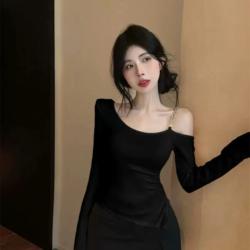 Pure Desire Wind Long Sleeve T-shirt for Women in Spring and Autumn, Spicy Girl, Sexy Slant Neck Design, Slimming Chain Shoulder, Pure Cotton Top