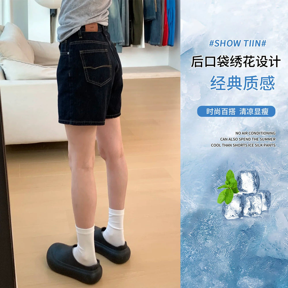 Deep blue high waisted five quarter denim shorts for women, 2026 summer new retro loose slimming A-line straight leg shorts