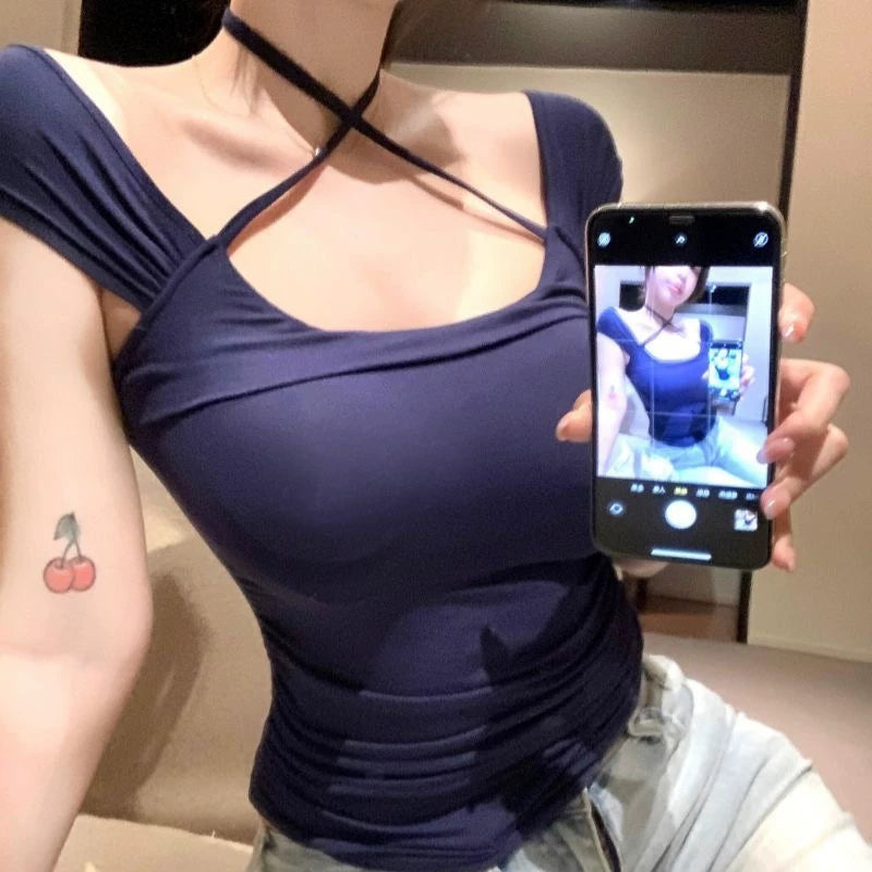 Foreign trade pure desire short sleeved T-shirt women's summer pure cotton slim fit spicy girl sexy one collar niche short style scheming top