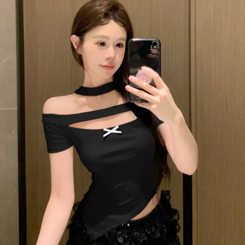 Foreign Trade Pure Desire Wind One Shoulder Hanging Neck Short sleeved T-shirt for Women's Summer New Style Butterfly Bow Hollow Short Cotton Top