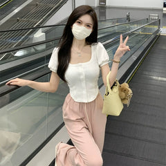 Sweet and cute square neck bubble sleeve short sleeved T-shirt for spicy women, slim fit short cardigan, stunning solid color upper garment