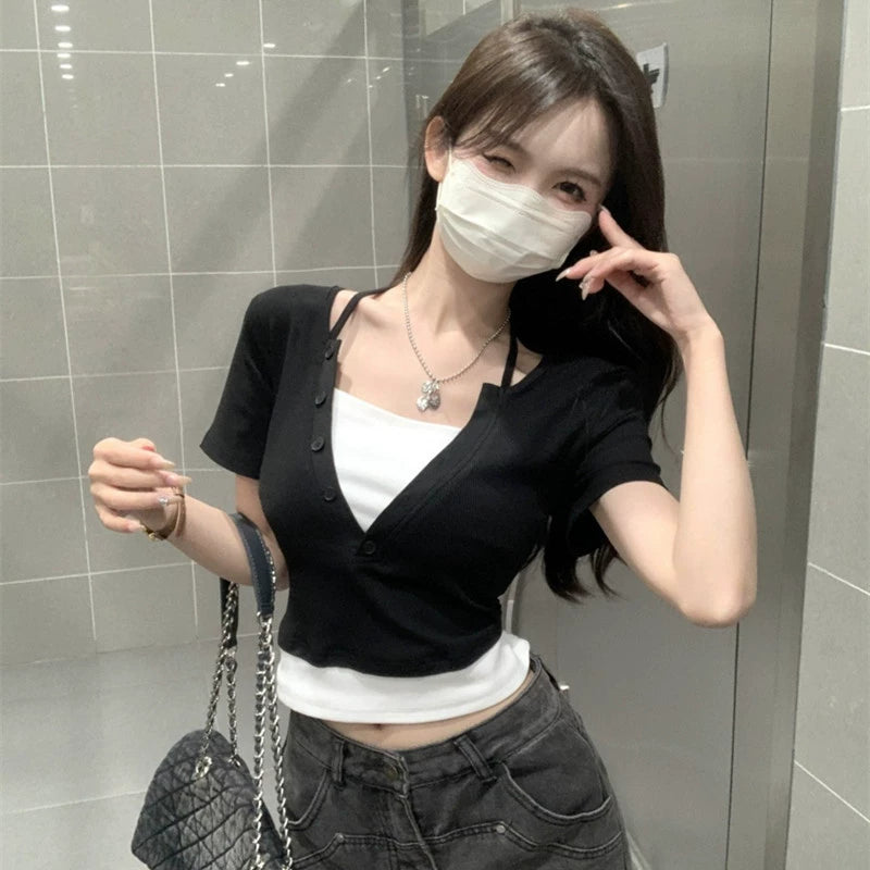 Spicy girl style fake two piece neck hanging short sleeved T-shirt for women, summer V-neck sexy slim fit, slimming and high waist short style, light and mature clothes