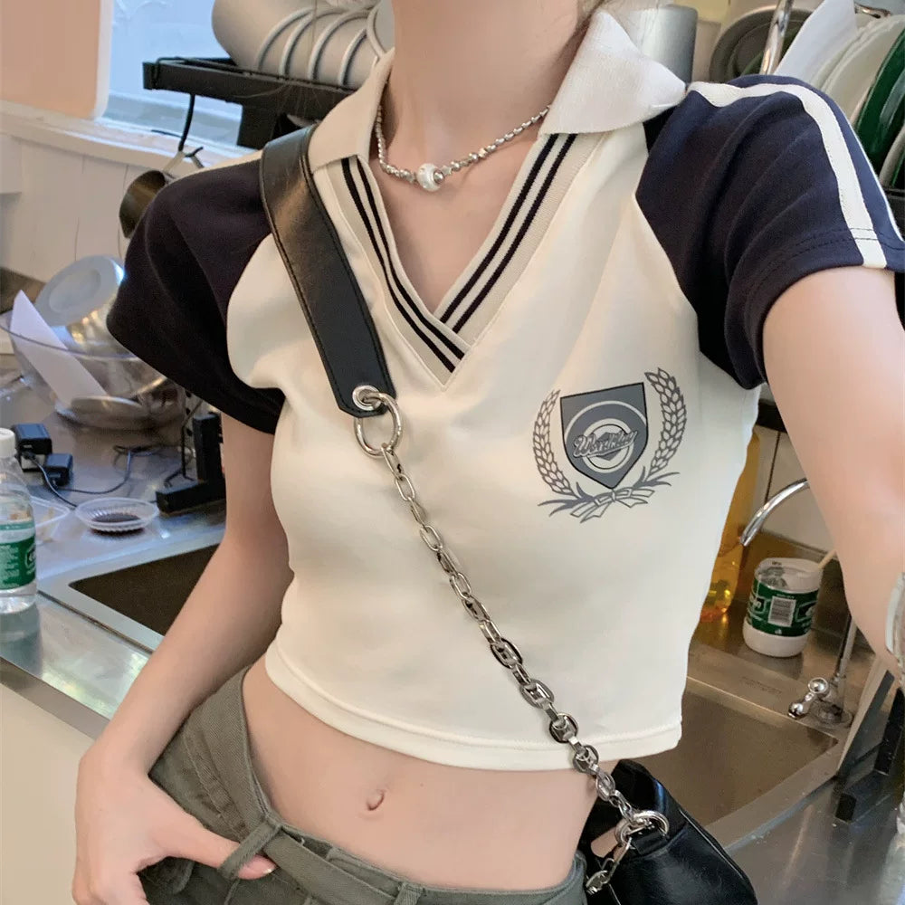 American style foreign trade sweet and spicy girl style pure cotton short sleeved t-shirt for female students, new summer polo shirt slim fit short top