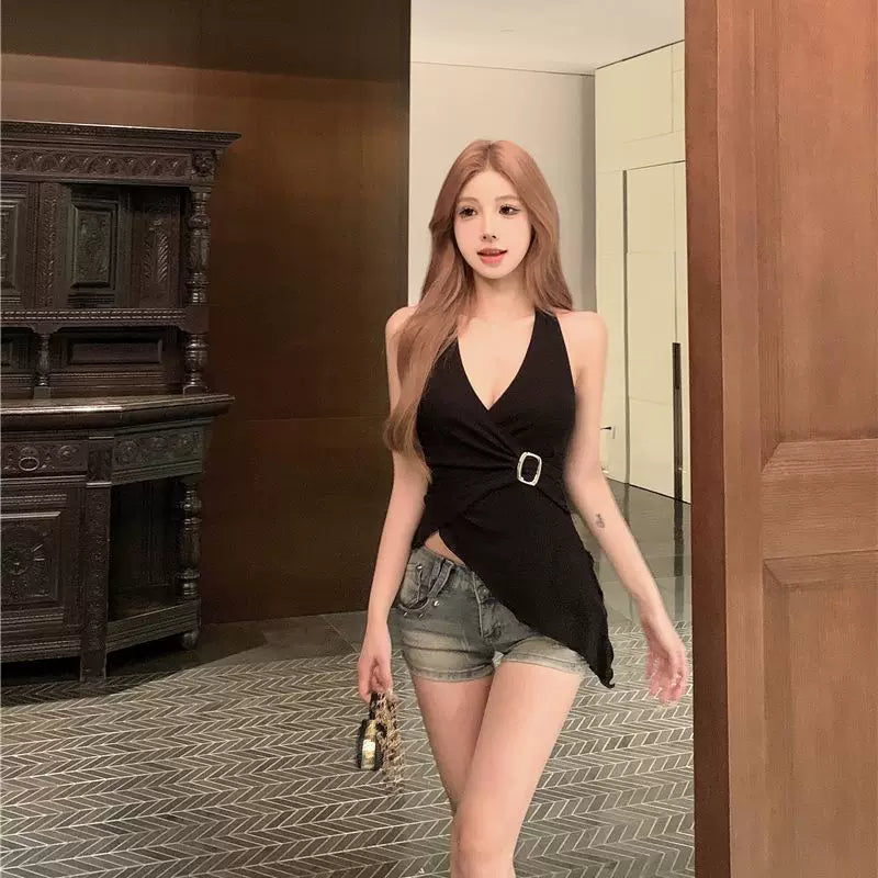 Foreign trade pure cotton waist slimming new style hanging neck tie pure desire wind V-neck sexy spicy girl t-shirt women's sleeveless top