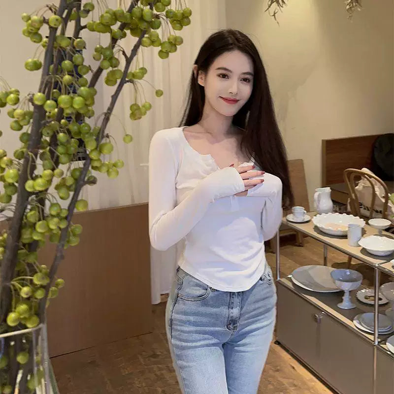 Foreign trade pure desire style sexy pure cotton long sleeved T-shirt for women in spring and autumn, slim fit and slimming for spicy girls, with a base layer and a trendy top
