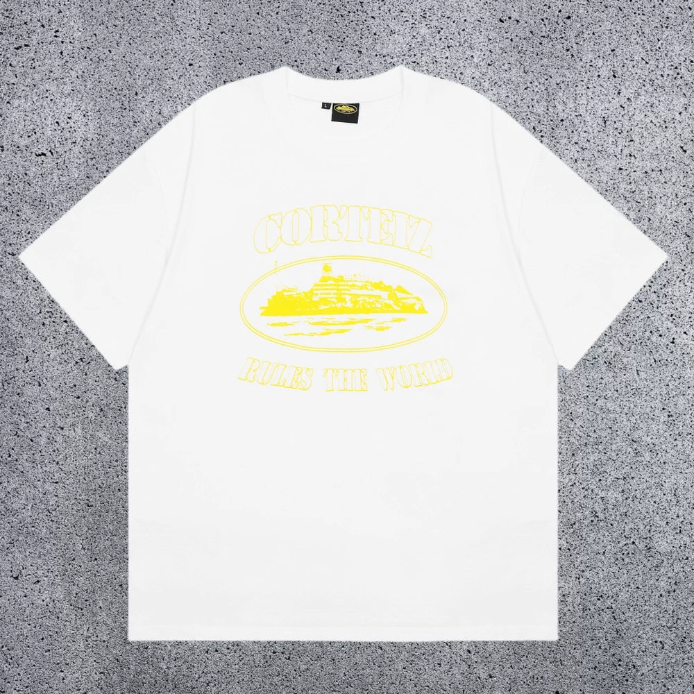 Corteiz "Rules The World" Yellow Print White T-Shirt