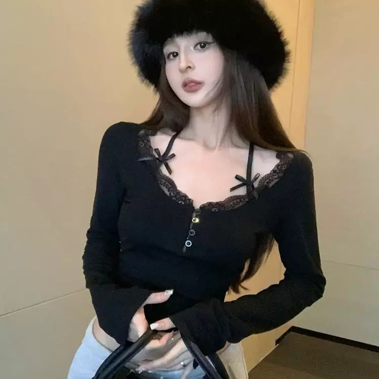 Foreign trade new style pure desire Korean ins suspender spring and autumn base shirt chest revealing top black outer long sleeved t-shirt for women