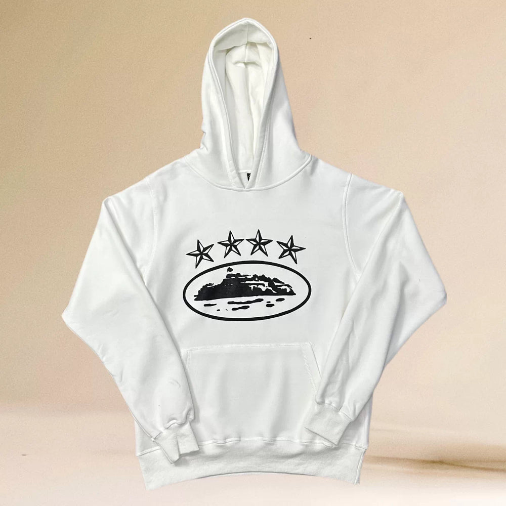 Corteiz White & Black 5-Star Alcatraz Island Logo Hoodie