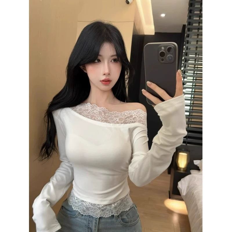 Foreign Trade Pure Desire Style Hot Girl Lace Off Shoulder One Piece Collar with Velvet Warm T-shirt for Women Short Style, Inner Pair, Long Sleeve Bottom Shirt