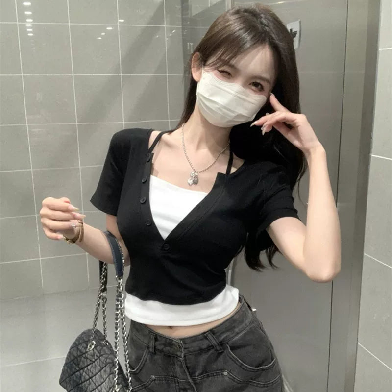 Foreign trade pure cotton summer slimming holiday two pieces pure desire style spicy girl niche design short sleeved T-shirt women's short top