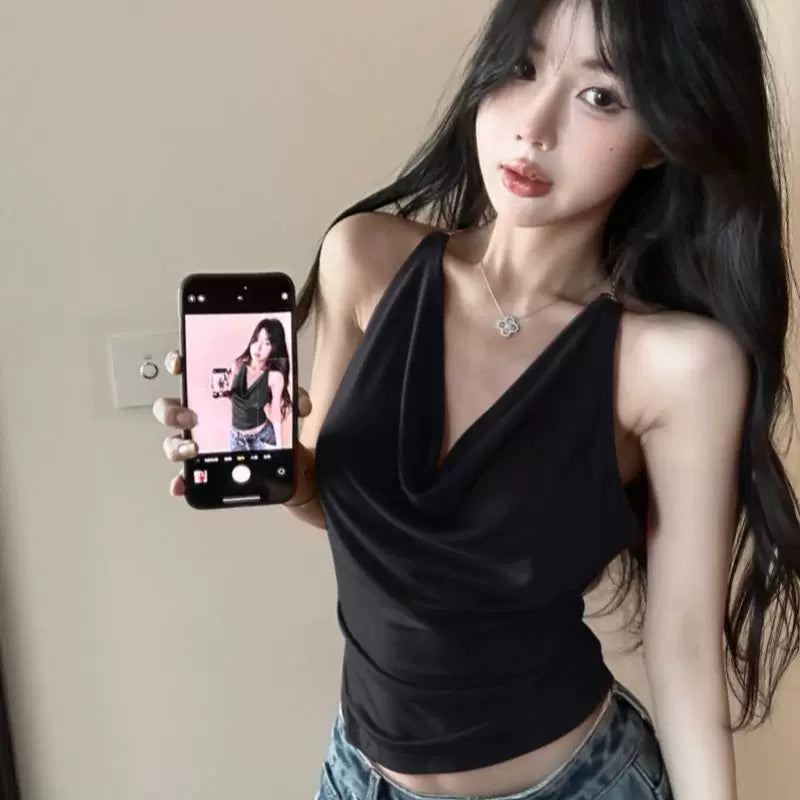 Foreign trade hot girl backless swinging collar hanging neck chain V-neck camisole vest women's inner outfit sexy top pure desire style t-shirt