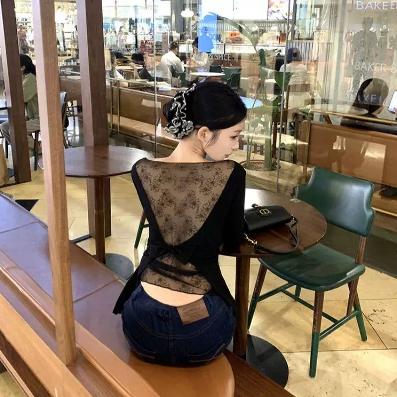 Foreign trade bow lace patchwork long sleeved T-shirt for women in spring and autumn 2025, black pure desire style backless and shoulder less top