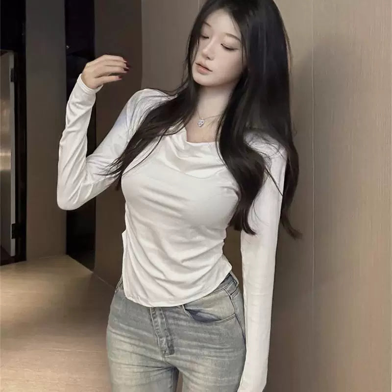 Foreign trade pure cotton new style swing collar base shirt, pure desire for inner matching, slimming long sleeved temperament top, sweet and spicy girl slim fit T-shirt