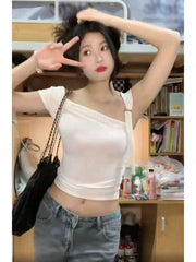 Foreign trade pure desire style short sleeved T-shirt for women's summer new slim fit sweet and spicy girl backless sloping neck pure cotton short ins top